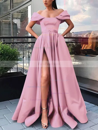 A-line Off-the-shoulder Satin Sweep Train Sashes / Ribbons Prom Dresses #Favs020106854