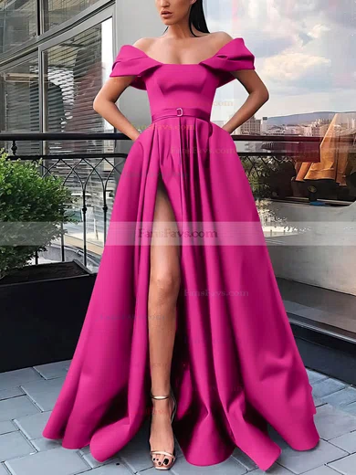 A-line Off-the-shoulder Satin Sweep Train Sashes / Ribbons Prom Dresses #Favs020106854