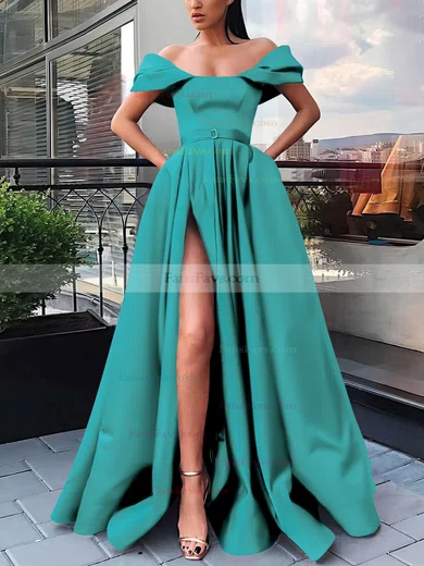 A-line Off-the-shoulder Satin Sweep Train Sashes / Ribbons Prom Dresses #Favs020106854