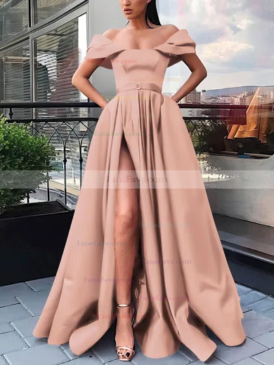 A-line Off-the-shoulder Satin Sweep Train Sashes / Ribbons Prom Dresses #Favs020106854