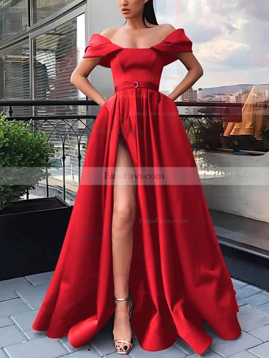 A-line Off-the-shoulder Satin Sweep Train Sashes / Ribbons Prom Dresses #Favs020106854