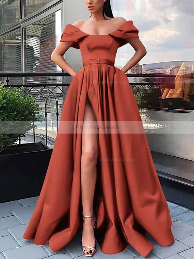 A-line Off-the-shoulder Satin Sweep Train Sashes / Ribbons Prom Dresses #Favs020106854