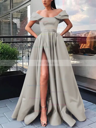 A-line Off-the-shoulder Satin Sweep Train Sashes / Ribbons Prom Dresses #Favs020106854