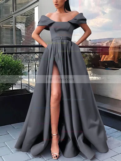 A-line Off-the-shoulder Satin Sweep Train Sashes / Ribbons Prom Dresses #Favs020106854