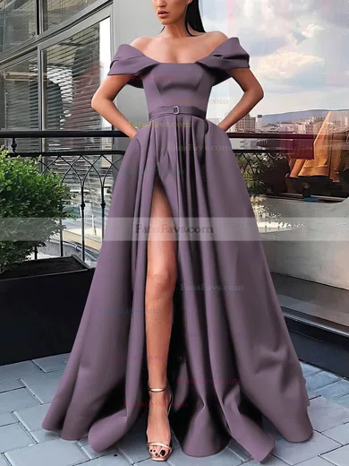 A-line Off-the-shoulder Satin Sweep Train Sashes / Ribbons Prom Dresses #Favs020106854