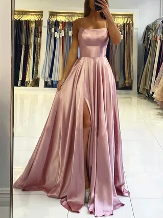 A-line Square Neckline Silk-like Satin Sweep Train Split Front Prom Dresses #Favs020106858 A-line Square Neckline Silk-like Satin Sweep Train Split Front Prom Dresses #Favs020106858