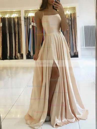 A-line Square Neckline Silk-like Satin Sweep Train Split Front Prom Dresses #Favs020106858