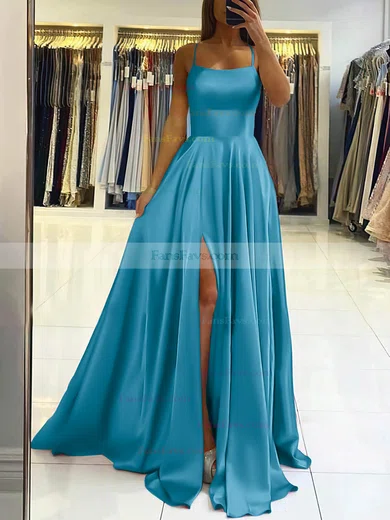 A-line Square Neckline Silk-like Satin Sweep Train Split Front Prom Dresses #Favs020106858