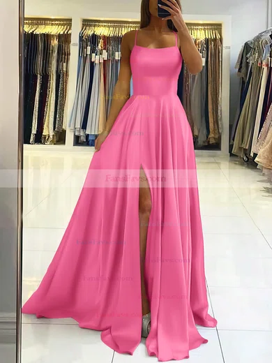 A-line Square Neckline Silk-like Satin Sweep Train Split Front Prom Dresses #Favs020106858