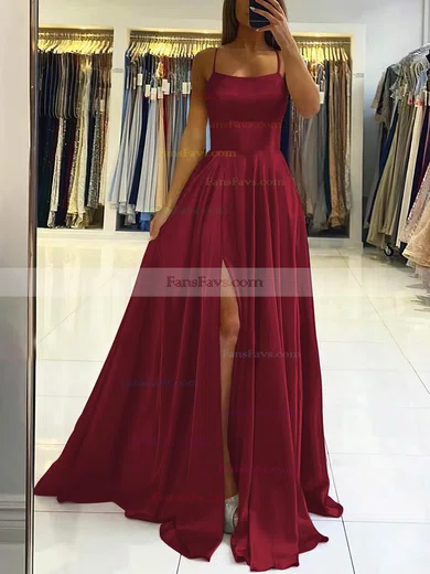 A-line Square Neckline Silk-like Satin Sweep Train Split Front Prom Dresses #Favs020106858