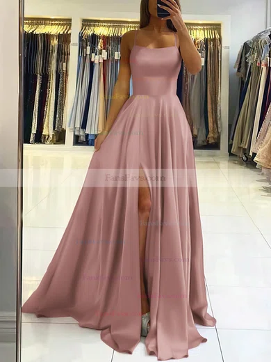 A-line Square Neckline Silk-like Satin Sweep Train Split Front Prom Dresses #Favs020106858