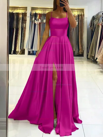 A-line Square Neckline Silk-like Satin Sweep Train Split Front Prom Dresses #Favs020106858