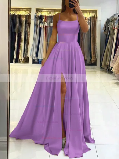 A-line Square Neckline Silk-like Satin Sweep Train Split Front Prom Dresses #Favs020106858