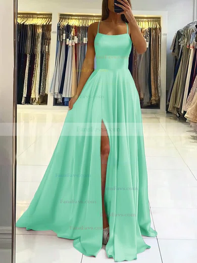 A-line Square Neckline Silk-like Satin Sweep Train Split Front Prom Dresses #Favs020106858