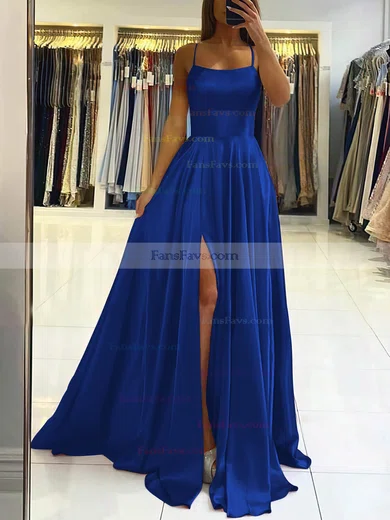A-line Square Neckline Silk-like Satin Sweep Train Split Front Prom Dresses #Favs020106858