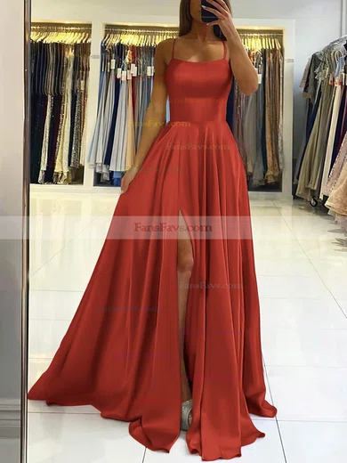 A-line Square Neckline Silk-like Satin Sweep Train Split Front Prom Dresses #Favs020106858