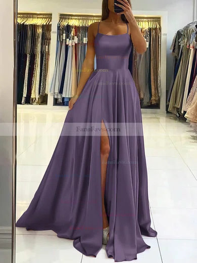 A-line Square Neckline Silk-like Satin Sweep Train Split Front Prom Dresses #Favs020106858