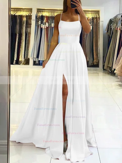 A-line Square Neckline Silk-like Satin Sweep Train Split Front Prom Dresses #Favs020106858