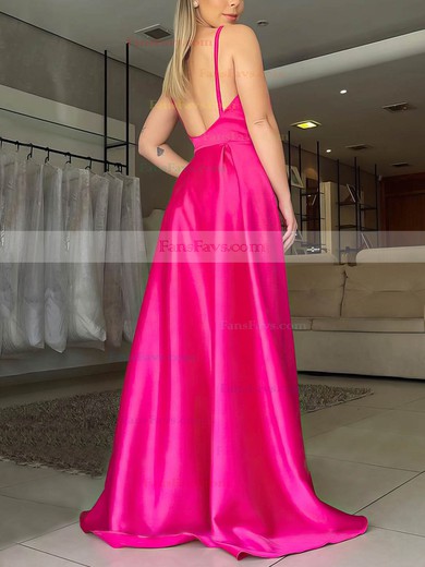 A-line V-neck Silk-like Satin Sweep Train Split Front Prom Dresses #Favs020106866