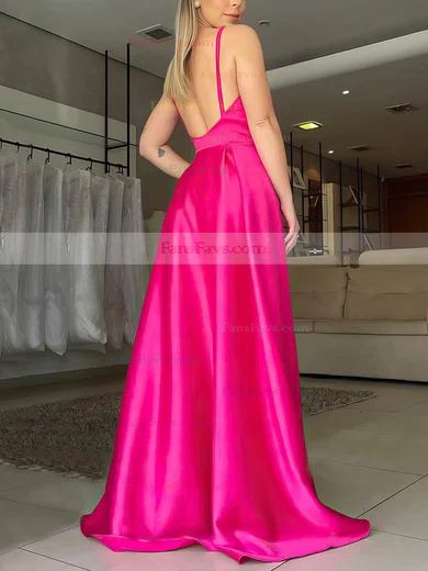 A-line V-neck Silk-like Satin Sweep Train Split Front Prom Dresses #Favs020106866