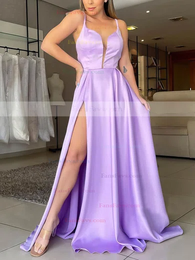 A-line V-neck Silk-like Satin Sweep Train Split Front Prom Dresses #Favs020106866