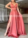 A-line V-neck Silk-like Satin Sweep Train Split Front Prom Dresses #Favs020106866