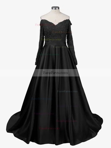 Ball Gown Off-the-shoulder Satin Sweep Train Beading Prom Dresses #Favs020102895