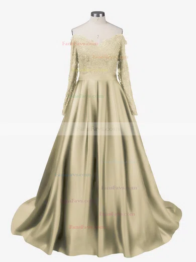 Ball Gown Off-the-shoulder Satin Sweep Train Beading Prom Dresses #Favs020102895