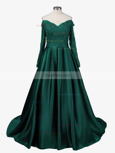 Ball Gown Off-the-shoulder Satin Sweep Train Beading Prom Dresses #Favs020102895