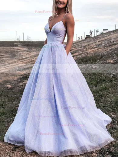 Ball Gown V-neck Glitter Sweep Train Pockets Prom Dresses #Favs020106872