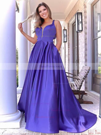 A-line V-neck Satin Sweep Train Bow Prom Dresses #Favs020106874