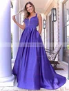A-line V-neck Satin Sweep Train Bow Prom Dresses #Favs020106874