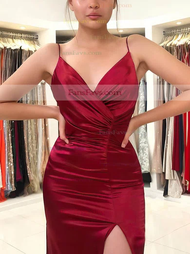 Trumpet/Mermaid V-neck Silk-like Satin Sweep Train Ruffles Prom Dresses #Favs020106880