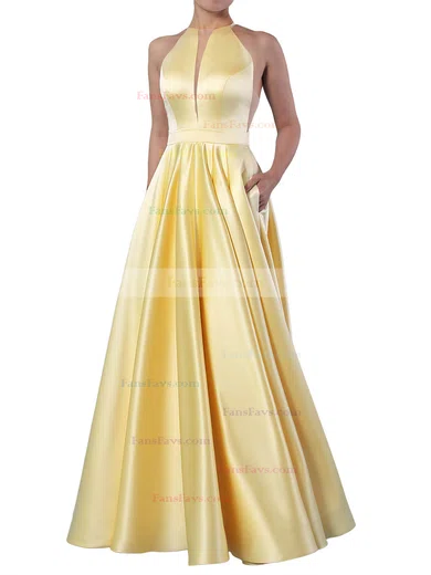 Ball Gown Scoop Neck Satin Floor-length Pockets Prom Dresses #Favs020106893
