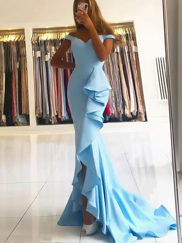 Trumpet/Mermaid Off-the-shoulder Silk-like Satin Asymmetrical Sashes / Ribbons Prom Dresses #Favs020106909