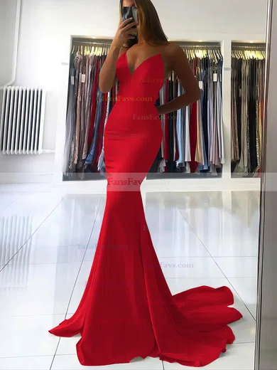 Trumpet/Mermaid V-neck Silk-like Satin Sweep Train Prom Dresses #Favs020106919