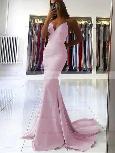 Trumpet/Mermaid V-neck Silk-like Satin Sweep Train Prom Dresses #Favs020106919