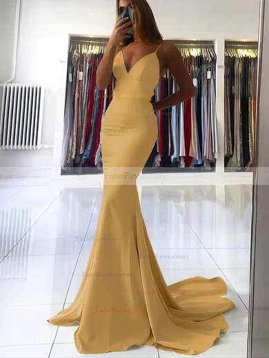 Trumpet/Mermaid V-neck Silk-like Satin Sweep Train Prom Dresses #Favs020106919