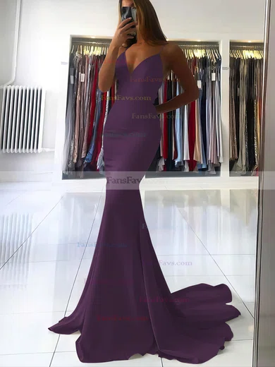 Trumpet/Mermaid V-neck Silk-like Satin Sweep Train Prom Dresses #Favs020106919