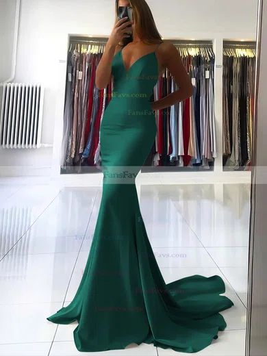 Trumpet/Mermaid V-neck Silk-like Satin Sweep Train Prom Dresses #Favs020106919