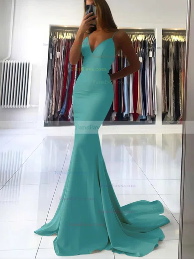 Trumpet/Mermaid V-neck Silk-like Satin Sweep Train Prom Dresses #Favs020106919