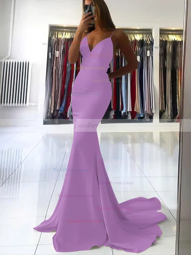 Trumpet/Mermaid V-neck Silk-like Satin Sweep Train Prom Dresses #Favs020106919