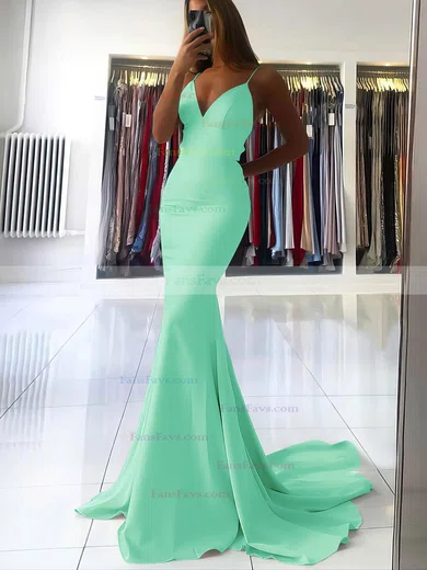 Trumpet/Mermaid V-neck Silk-like Satin Sweep Train Prom Dresses #Favs020106919