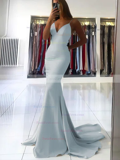 Trumpet/Mermaid V-neck Silk-like Satin Sweep Train Prom Dresses #Favs020106919