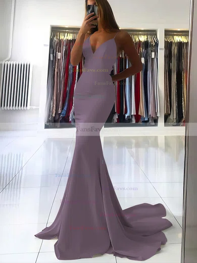 Trumpet/Mermaid V-neck Silk-like Satin Sweep Train Prom Dresses #Favs020106919