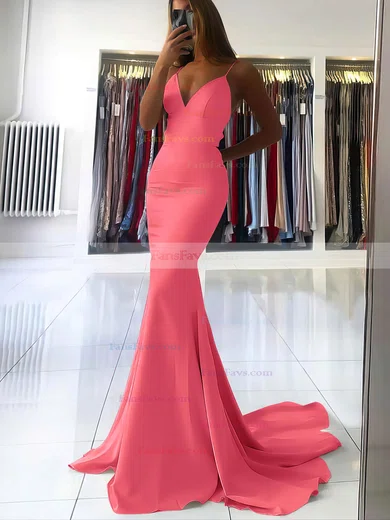 Trumpet/Mermaid V-neck Silk-like Satin Sweep Train Prom Dresses #Favs020106919