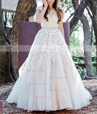 Ball Gown Scoop Neck Tulle Sweep Train Beading Prom Dresses #Favs020106667