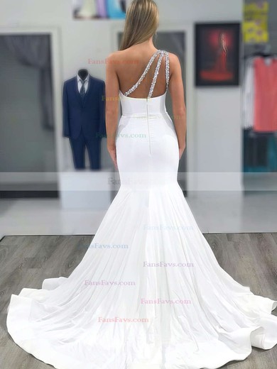 Trumpet/Mermaid One Shoulder Silk-like Satin Sweep Train Beading Prom Dresses #Favs020106675