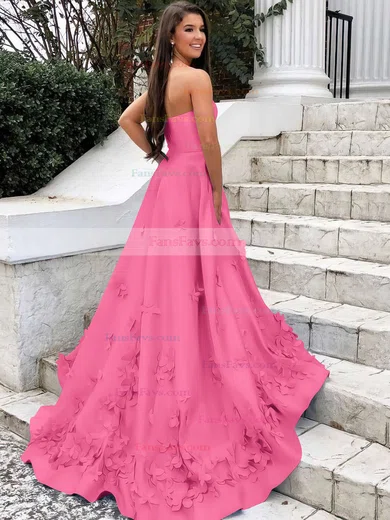 A-line Strapless Satin Sweep Train Flower(s) Prom Dresses #Favs020106680