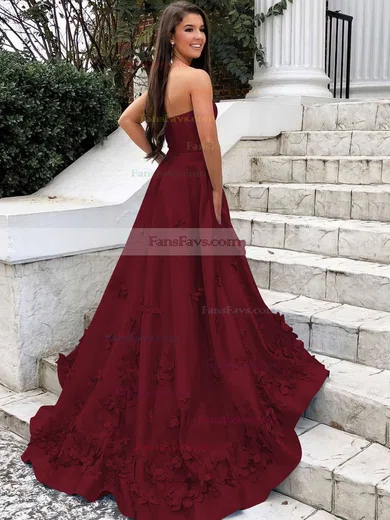 A-line Strapless Satin Sweep Train Flower(s) Prom Dresses #Favs020106680